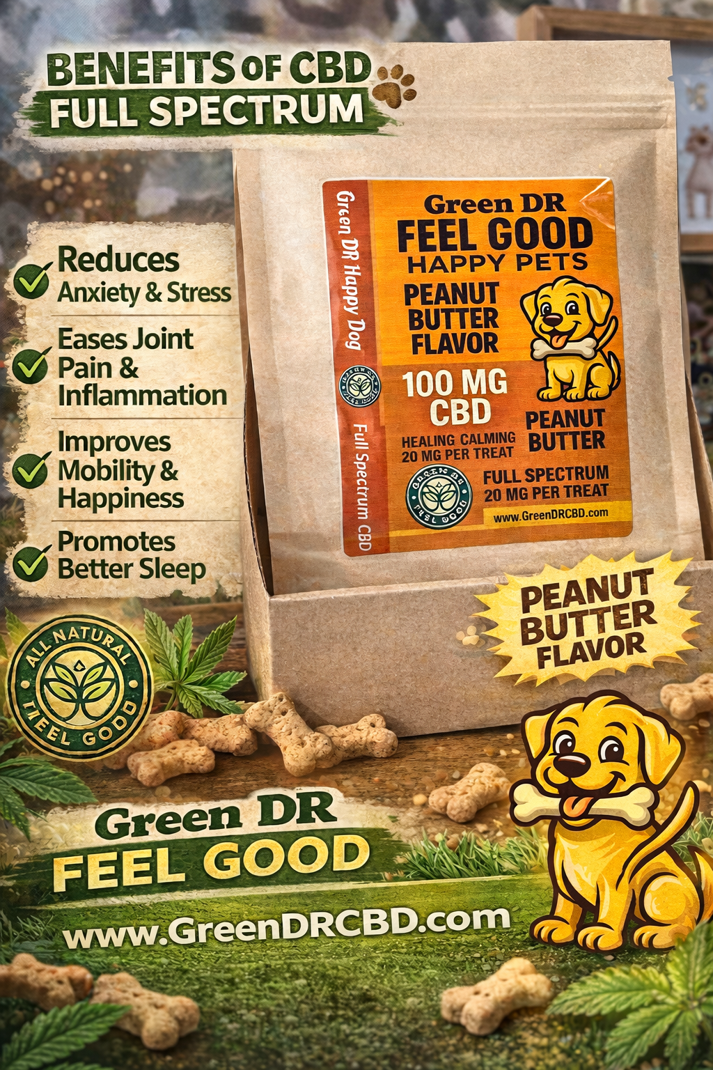 CBD for pets peanut butter dog treats by Green DR CBD for anxiety, pain relief and joint support