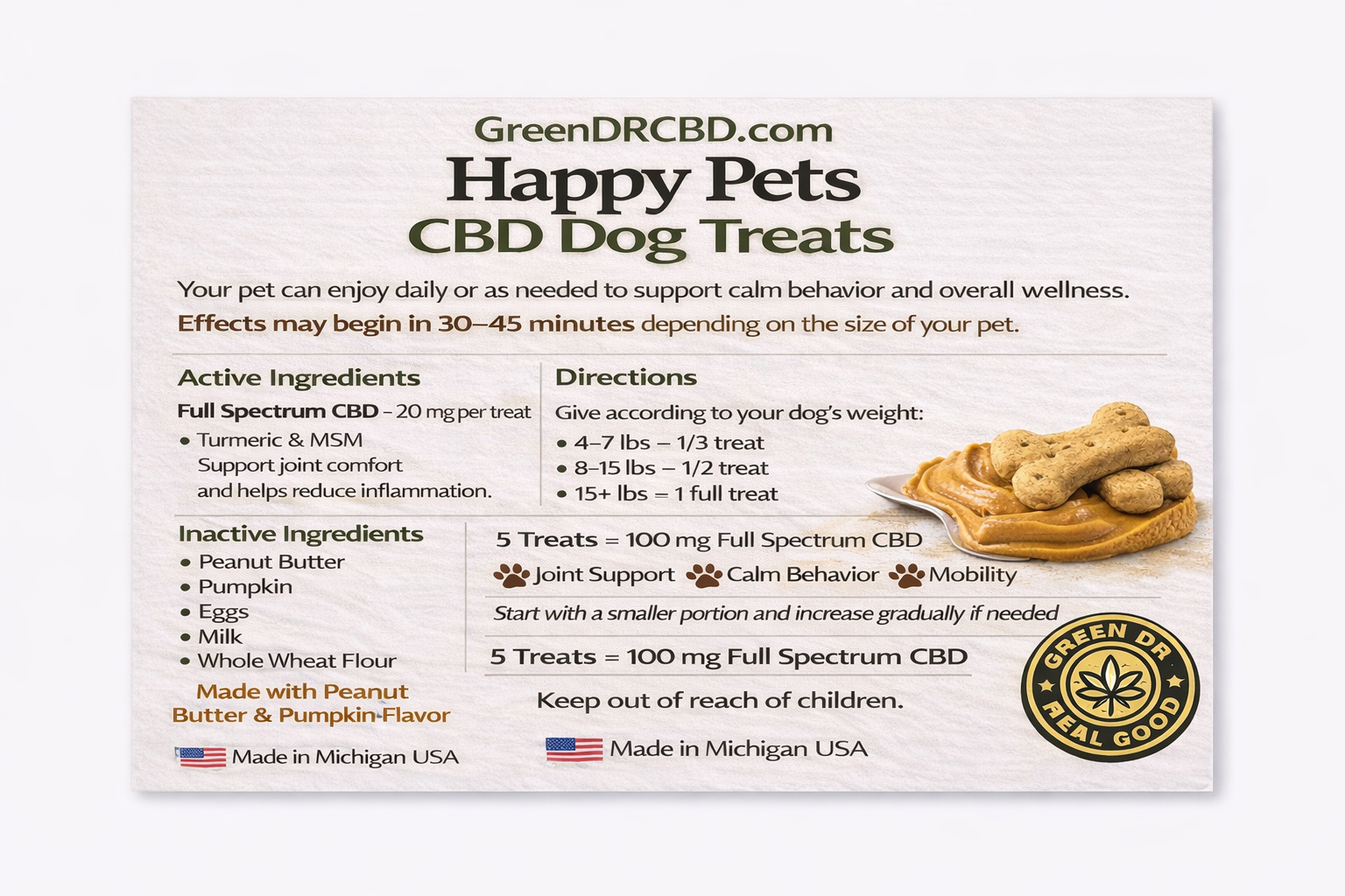 Dosage of CBD Dog Treats With Peanut Butter For Calming Anxiety and Joint Pain Relief 100 mg Green Dr CBD