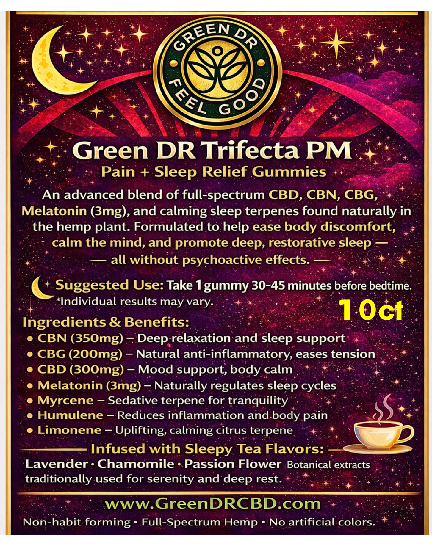 Green DR Trifecta PM CBD CBN CBG Gummies – Nighttime Formula with Melatonin | Pain & Sleep Support - The Original Green DR CBD