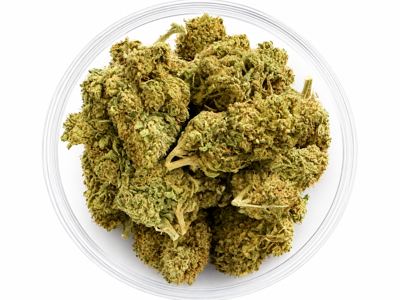 Top view of Green DR Feel Good Bubba Kush CBD Flower 28g showing premium hand-trimmed hemp flower buds on a white background.