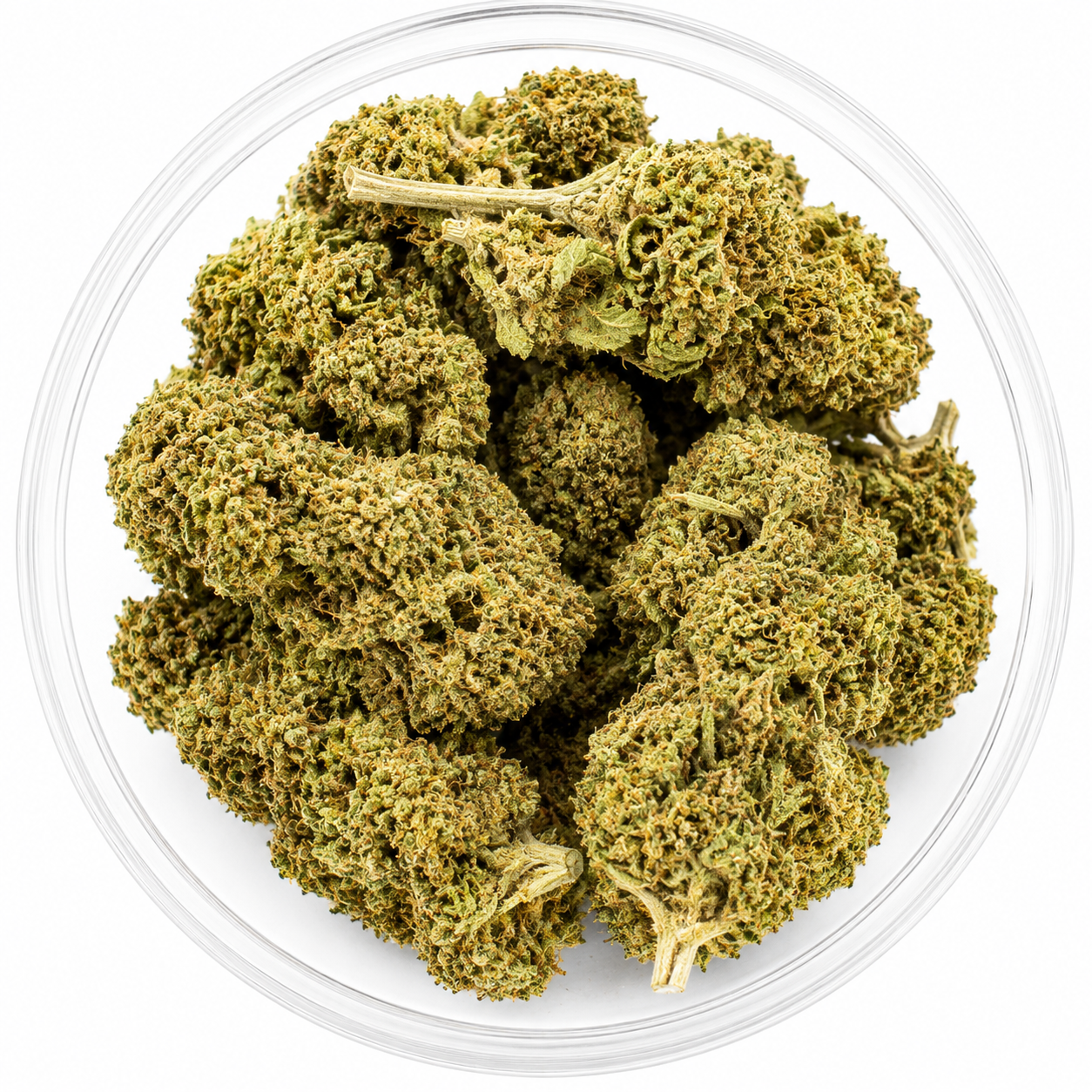 Top view of Green DR Feel Good White Runtz Hybrid CBD Flower 28g showing premium hand-trimmed hemp flower buds on a white background.