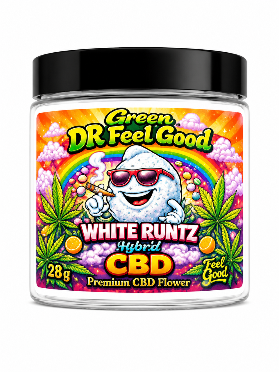 Green DR Feel Good White Runtz Hybrid CBD Flower 28g jar on a white background featuring premium Michigan-grown hemp flower.