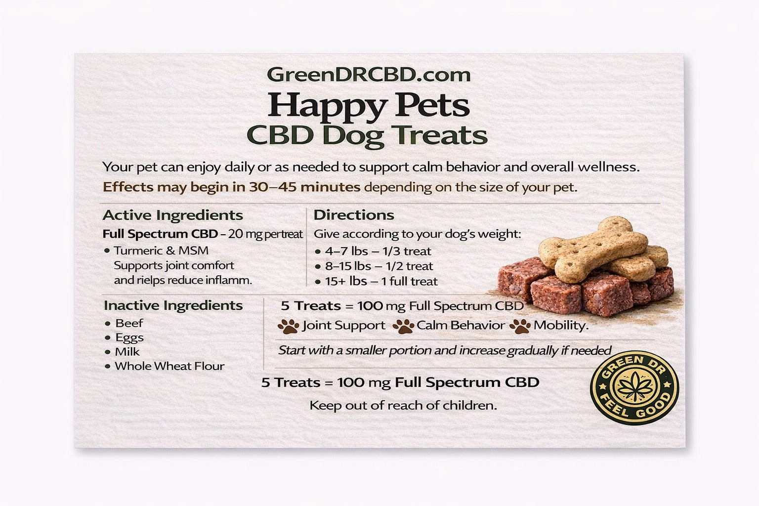Directions of CBD Dog Treats With Beef For Calming Anxiety and Joint Pain Relief 100 mg Green Dr CBD 