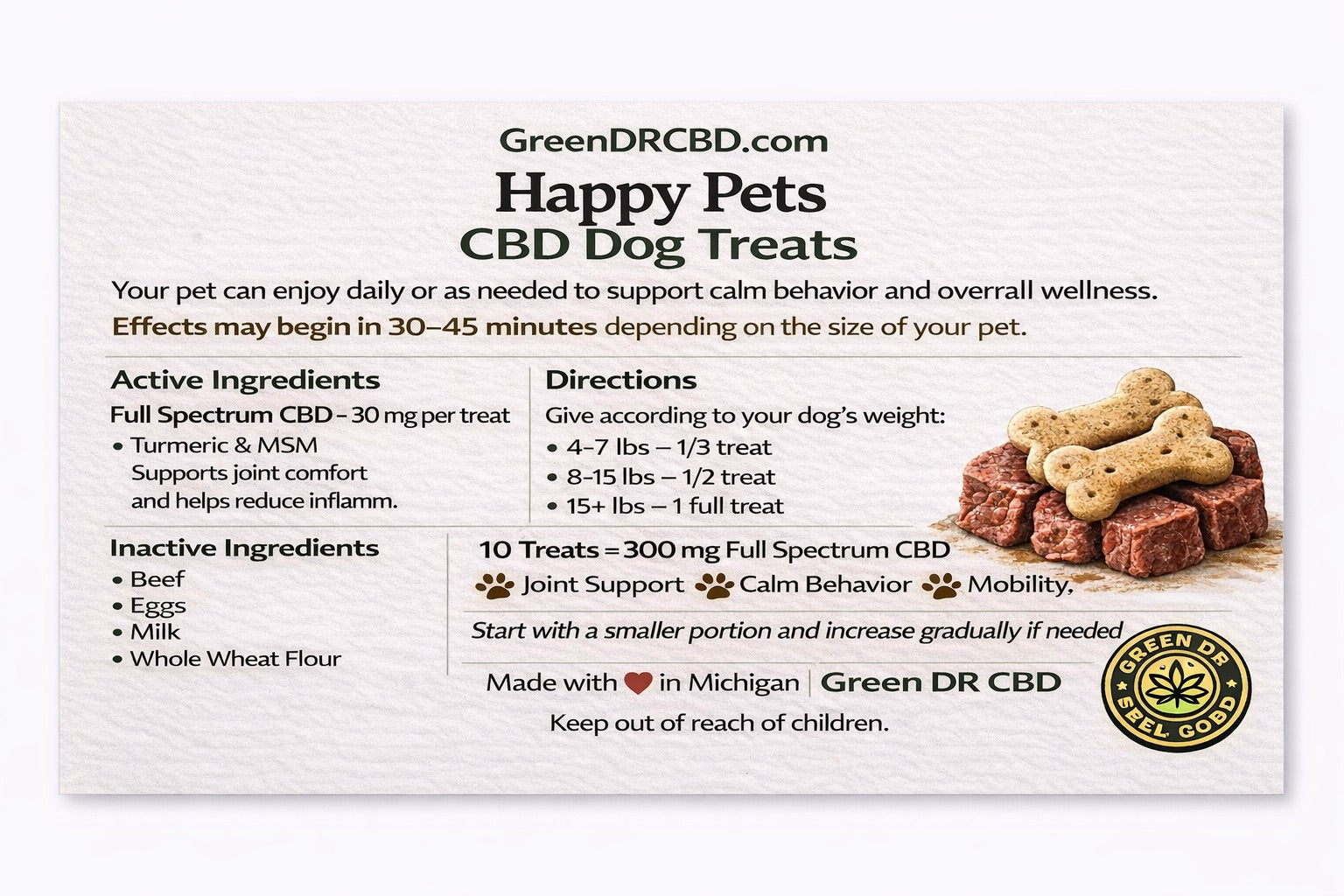 CBD Dog Treats With Beef For Calming Anxiety and Joint Pain Relief 300 mg Green Dr CBD 