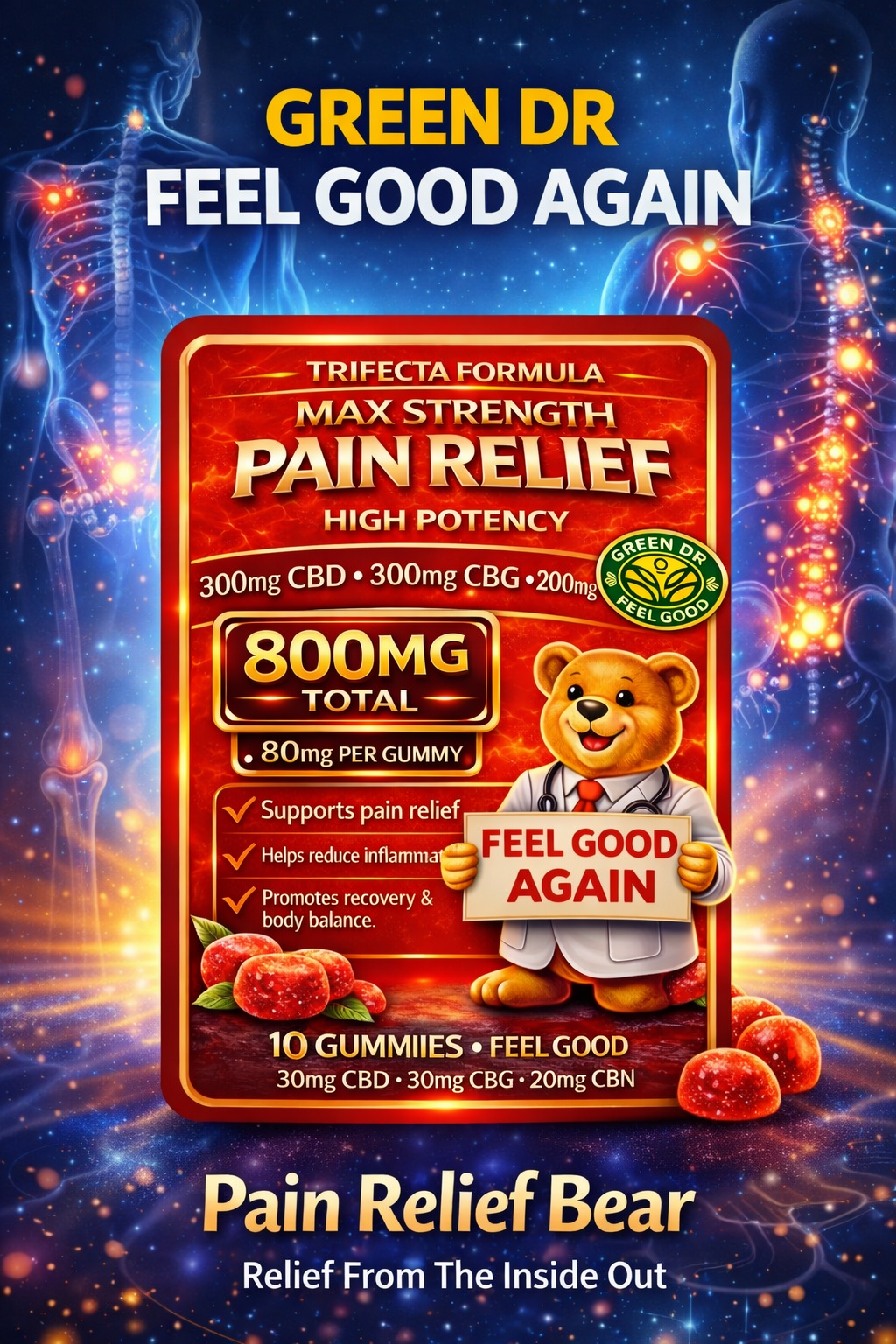 Green DR Trifecta CBD CBG CBN  Pain Gummy Bears - The Original Green DR CBD