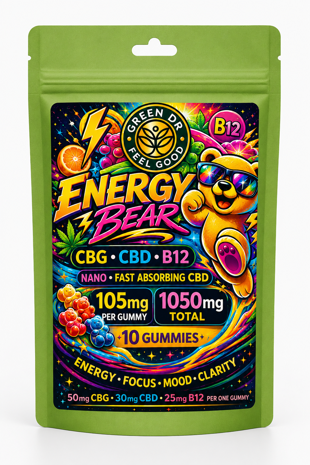 CBD Energy Gummies | CBG + B12 | Water Soluble CBD | Energy Bear | Green DR