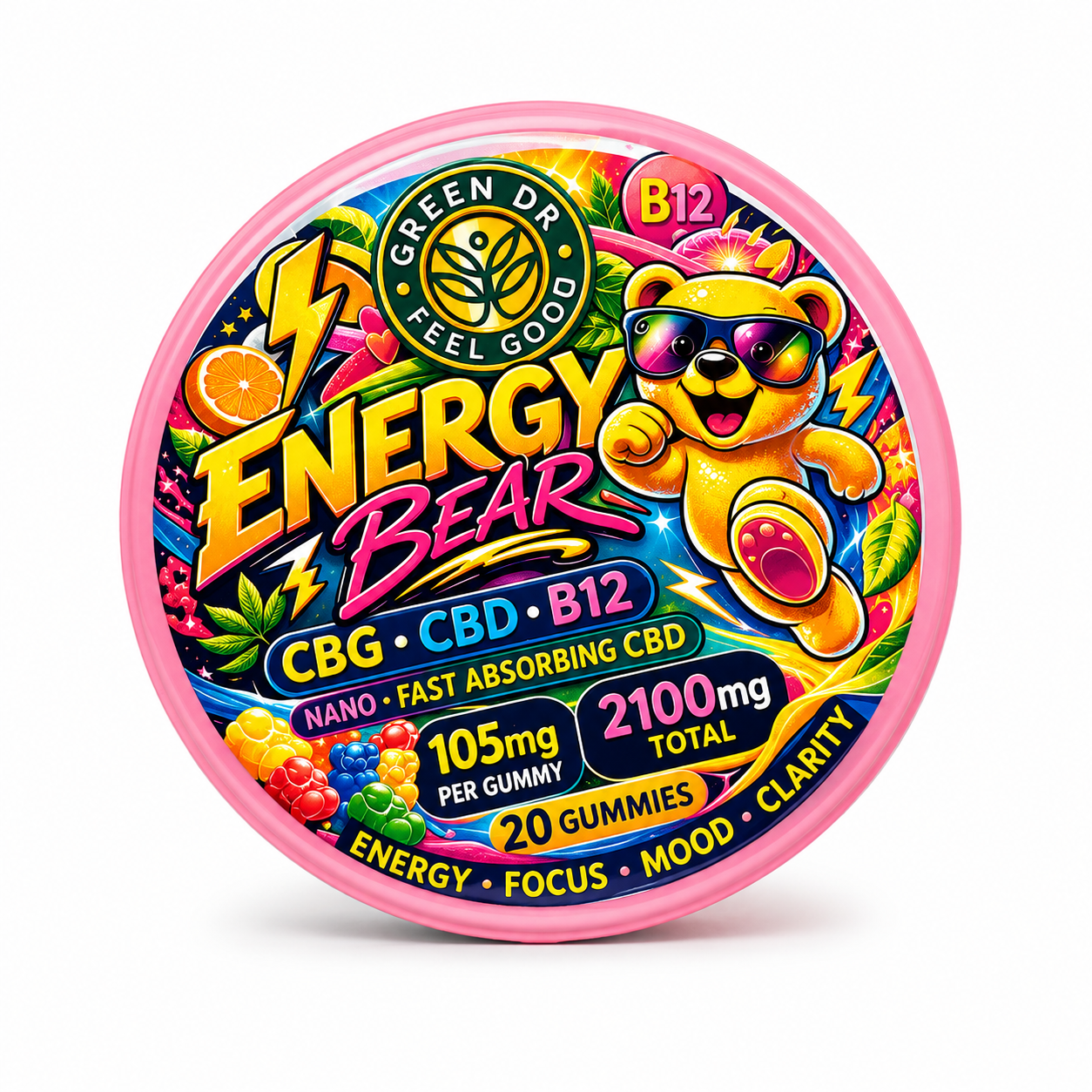 CBD Energy Gummies | CBG + B12 | Water Soluble CBD | Energy Bear | Green DR