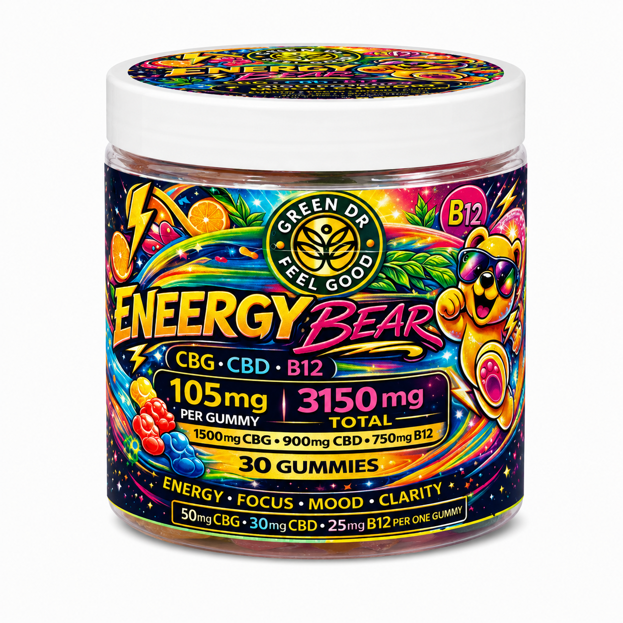 CBD Energy Gummies | CBG + B12 | Water Soluble CBD | Energy Bear | Green DR