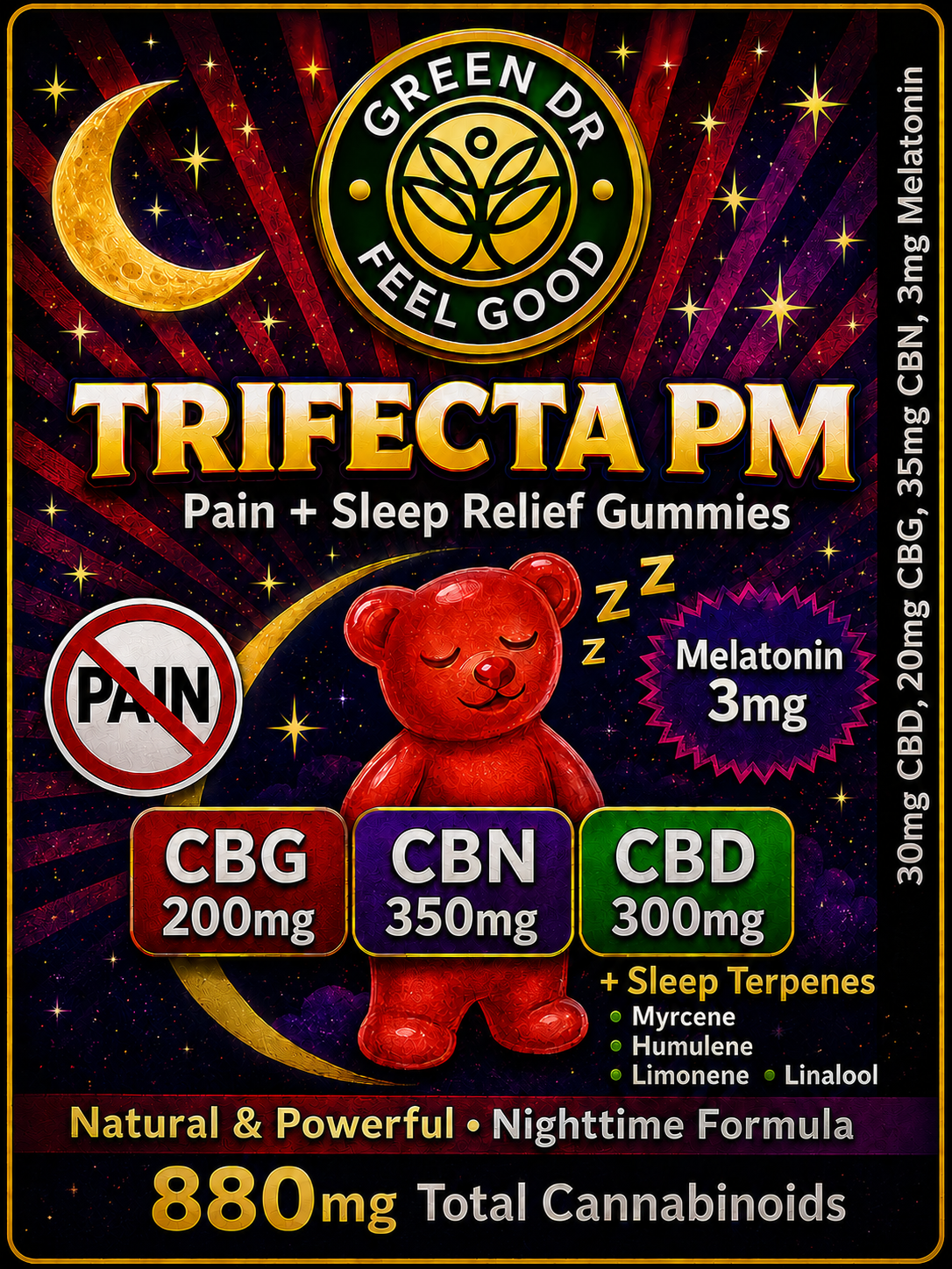 Trifecta PM Pain & Sleep Gummies | CBD, CBG, CBN + Melatonin | Green DR - The Original Green DR CBD