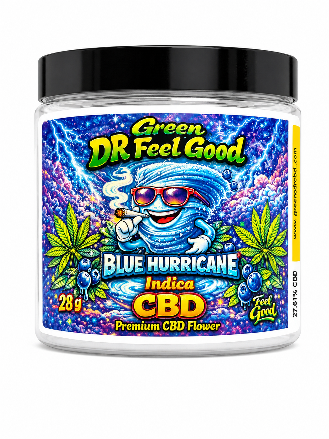 Green DR Feel Good Blue Hurricane Indica CBD Flower 28g jar on a white background featuring premium Michigan-grown hemp flower.
