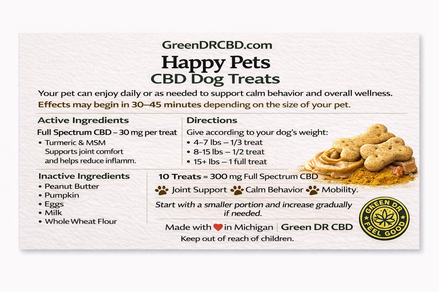 Dosage of CBD Dog Treats With Peanut Butter For Calming Anxiety and Joint Pain Relief 300 mg Green Dr CBD 