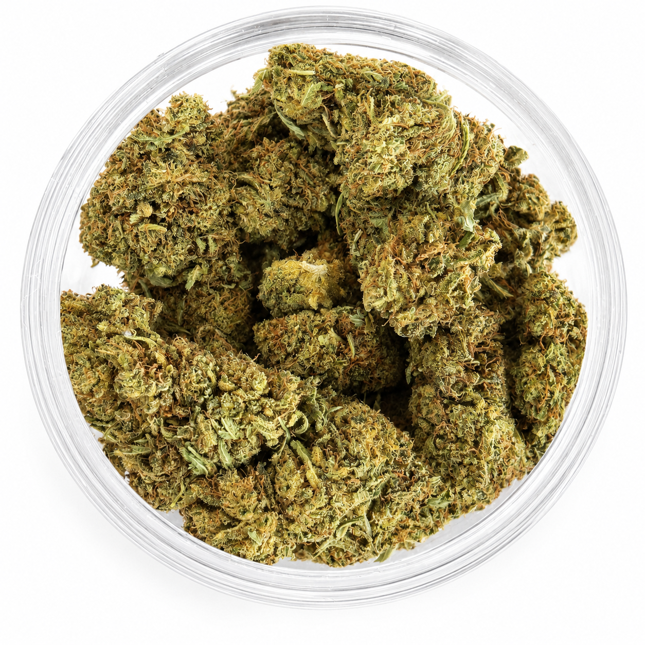 Top view of Green DR Feel Good Blue Hurricane Indica CBD Flower 28g showing premium hand-trimmed hemp flower buds on a white background.