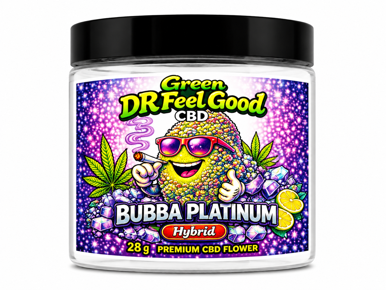 Green DR Feel Good Bubba Platinum Hybrid CBD Flower 28g jar on a white background featuring premium Michigan-grown hemp flower.


