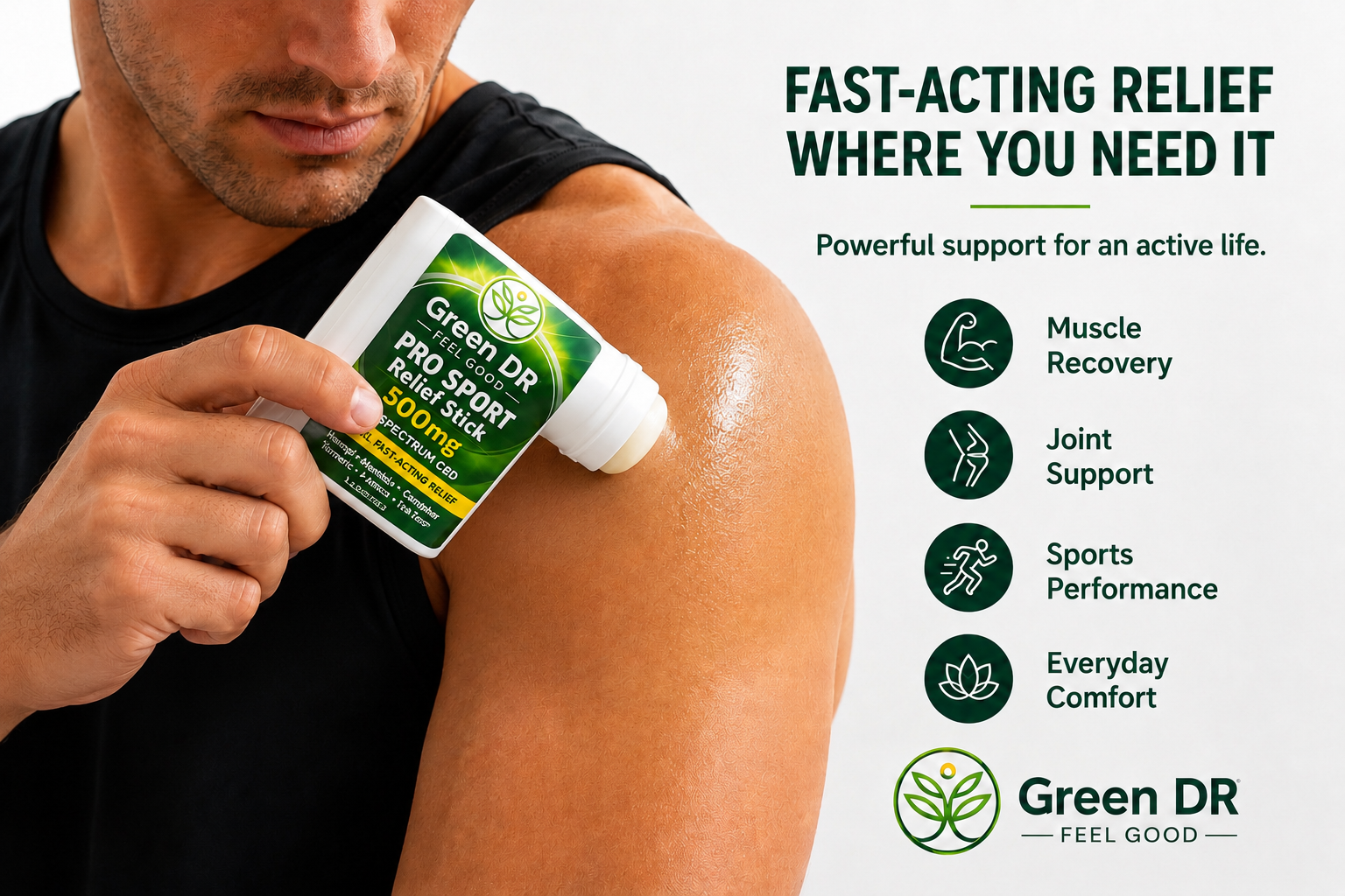 Applying Green DR CBD Pro Sport Relief Stick to shoulder for muscle recovery and joint support