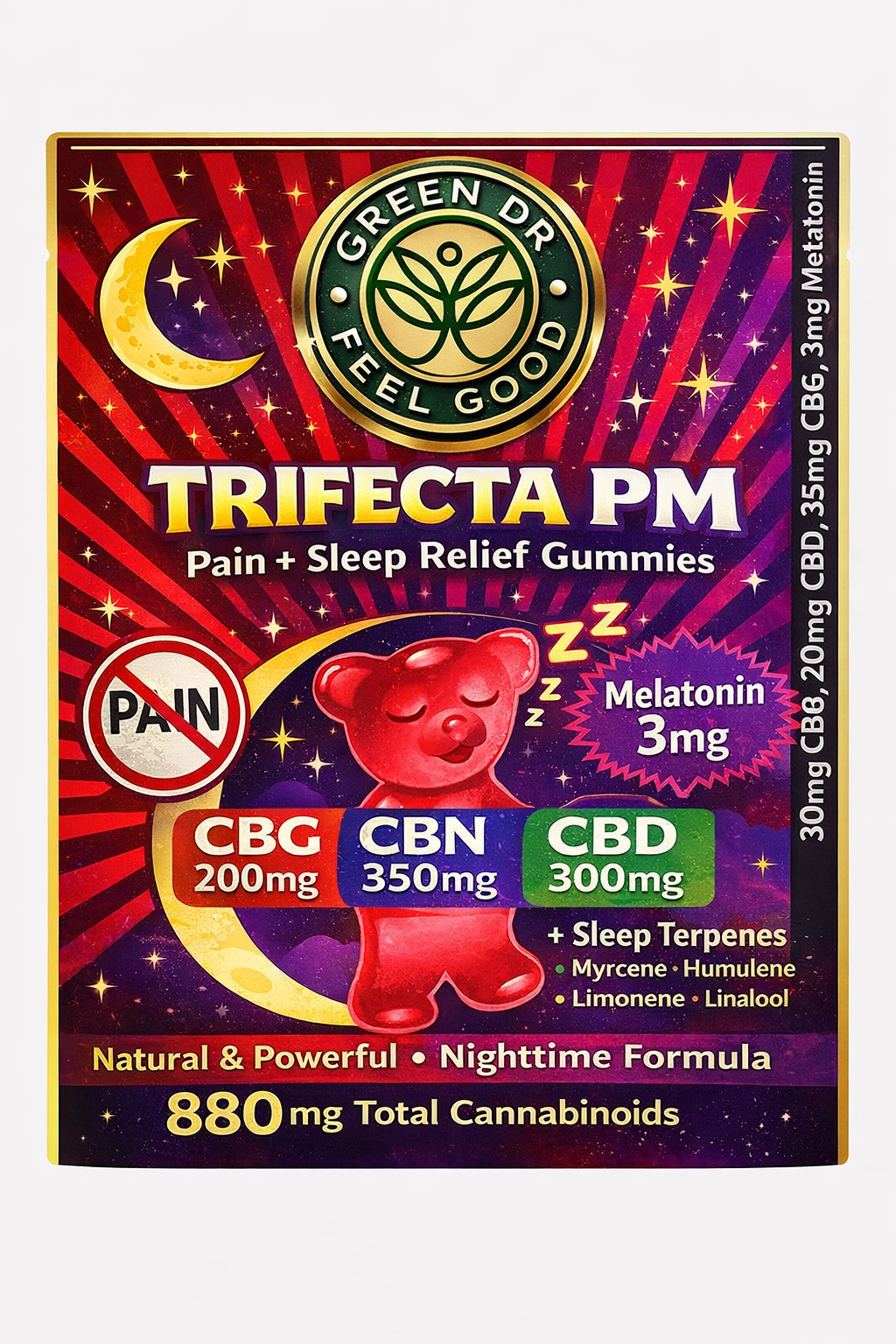 Packaging of Green Dr. Feel Good Trifecta PM gummy bears with cannabinoid information on a colorful background.